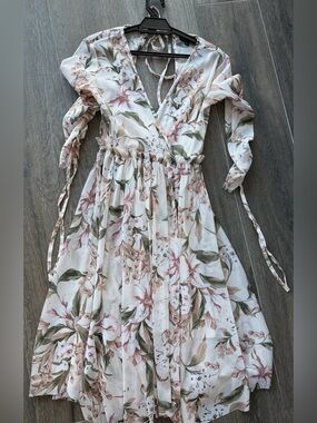 Topshop White Floral Wrap Dress with Pink and Green Accents